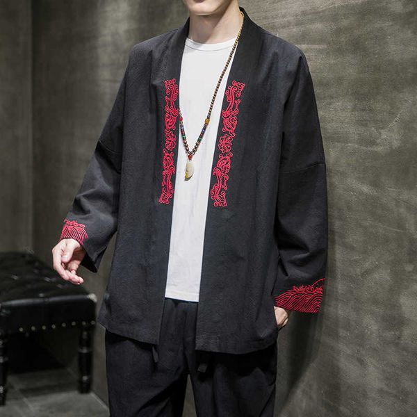 Uomo Kimono Cardigan Giacca da uomo ricamata Abbigliamento asiatico Plus Size Uomo Yukata Samurai Abbigliamento Vintage Classic Haori Robe 5XL X0723