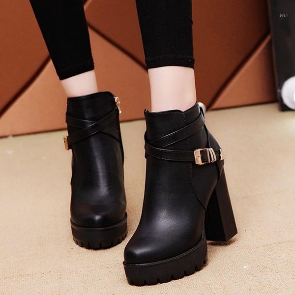 

boots rimocy fashion belt buckle super high heels ankle for women chunky platform pu leather shoes woman waterproof short1, Black