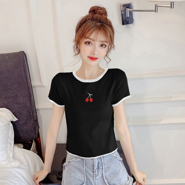 

women's t-shirt summer sweet -shirt fashion short sleeve o neck shirts embroidery fruit knit casual shirt# fxw6, White
