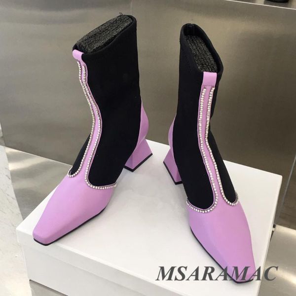 

boots fashion purple crystal elastic pumps ankle leather square toe tapered heel slim office women, Black