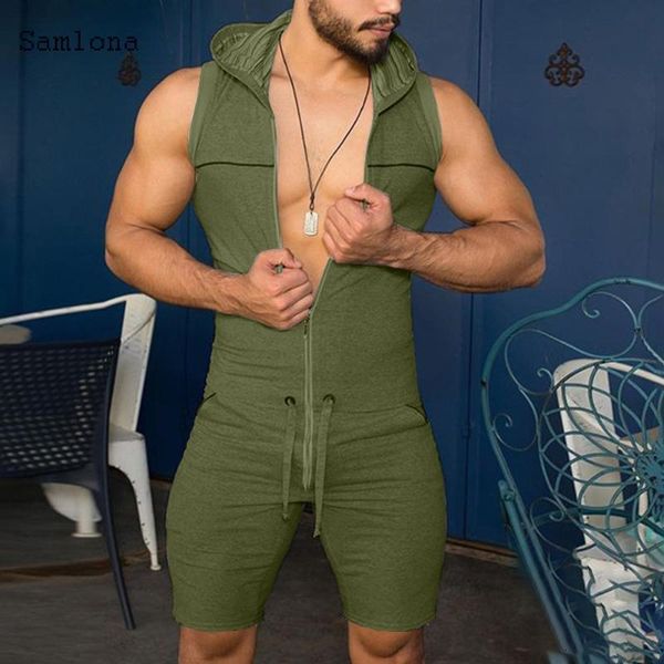 

men's tracksuits summer hooded jumpsuit men mens one-piece shorts garment fashion zipper sleeveless onesie male exk3, Gray