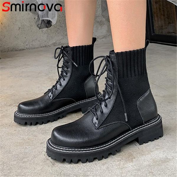 

boots smirnova genuine leather shoes arrive 2021 motorcycle knitting square heel platform ankle for women, Black