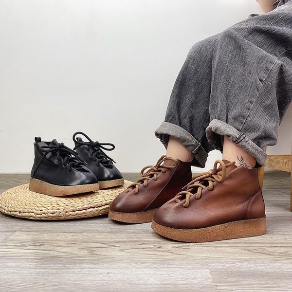 

boots retro women genuine leather lace-up shoes round toe flat 2021 handmade ankle platform punk women's, Black