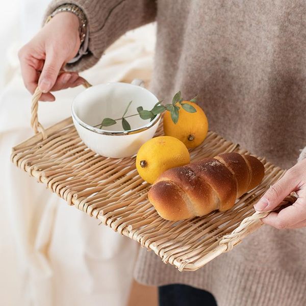 

kitchen storage & organization rattan tray dinner coffee breakfast serving bread round rectangle hand-woven food basket with handle home dec