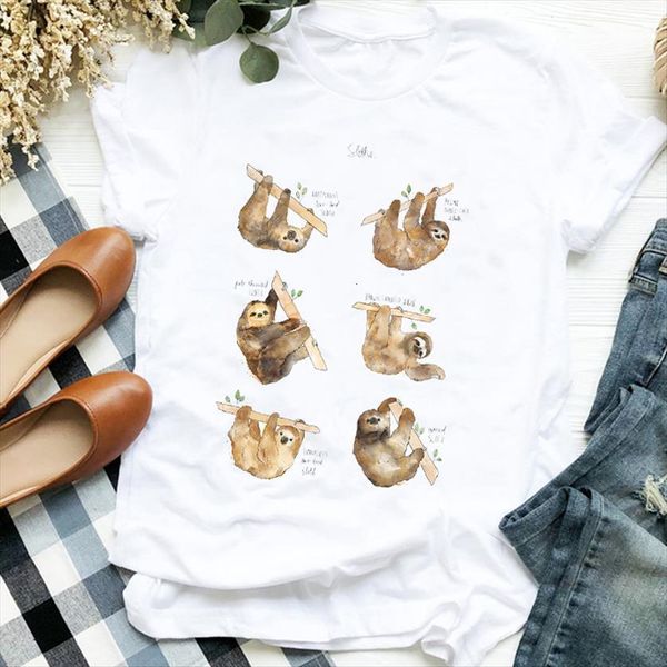 

floral flower sloth cartoon animal women printing print tee clothes graphic, White