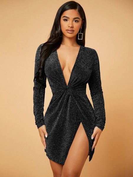 

deep v neck twist front wrap glitter dress r8ui#, Black;gray