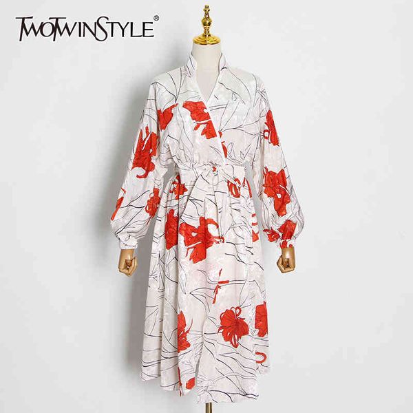 

twotwinstyle irregular printed floral dress for women stand collar long sleeve high waist lace up front split dresses female 210517, Black;gray