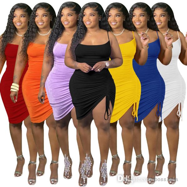 Artı Boyutu Kadınlar Elbiseler Çok Renkli Sling Tek Yan Pileli Moda Elbise İnce Sling Ile Tasarım Pileli Etek S-XXXXL