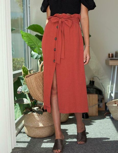 

skirts hirigin womens casual skirt high waist front slit single button bandage bow, Black