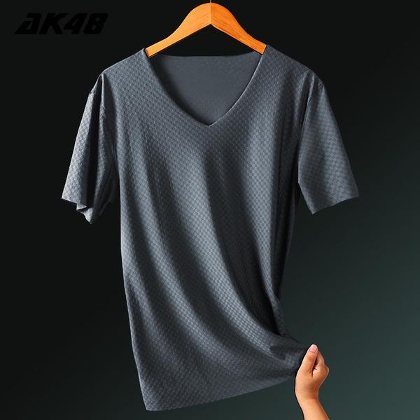 

ice silk scratchless short-sleeved t-shirt men v-neck summer thin elastic slim mesh quick-dry sports half-sleeve undershirts, Black;brown