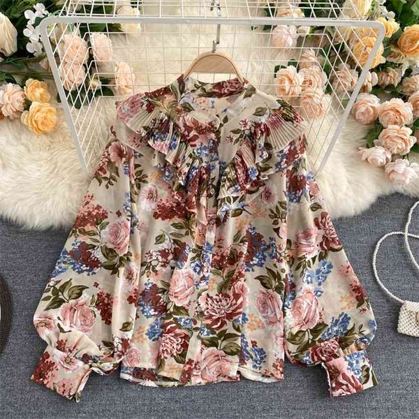 

foamline sweet ruffles blouse foral print women shirt o neck long lantern sleeve casual female chiffon women's 210603, White