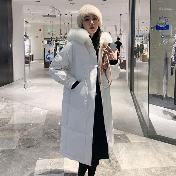 

fashion horn button long hooded parka with fur collar winter jacket women 2021 office lady warm coat female casual1, Black