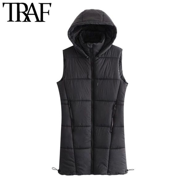 

traf women fashion back elastic drawstring padded waistcoat vintage high collar zip-up hooded parkas female outerwear 210415, Black;white
