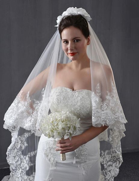 

bridal veils vintage lace wedding 2 tiers floral custom, Black