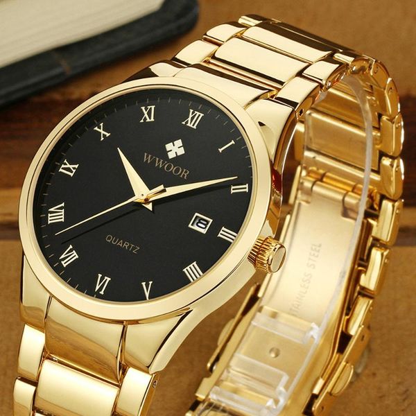 

wristwatches wwoor mens watches date stainless steel gold black wrist watch men fashion waterproof clock relogio masculino, Slivery;brown