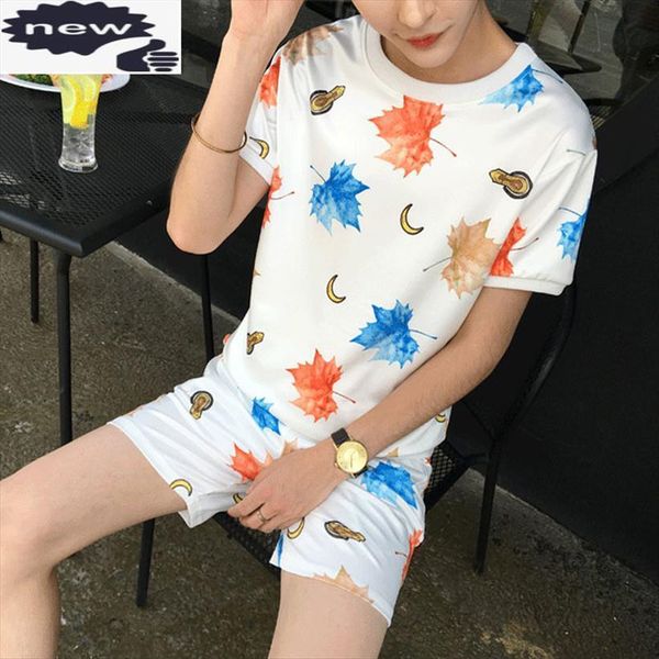

summer short sleeve men tracksuits round neck print floral sets korean slim fit casula trousers set fashion male clothing, Gray