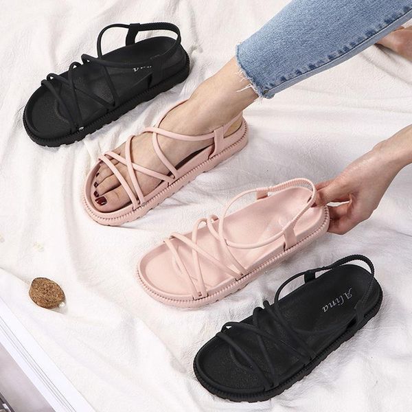 

sandals 2021 summer shose for woman out-wearing roman style student flat middle heel fashion lazy women's slipper, Black