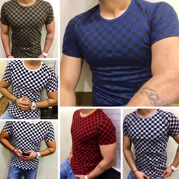 

4 colors mens t shirts slim checkerboard printing tees short sleeve round neck t-shirt, White;black