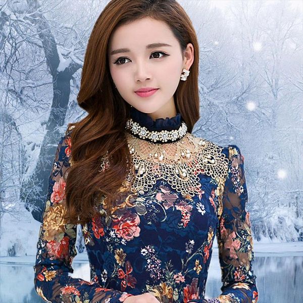 

autumn winter diamond beading womens shirt long sleeve warm printing lace plus velvet thicken, White