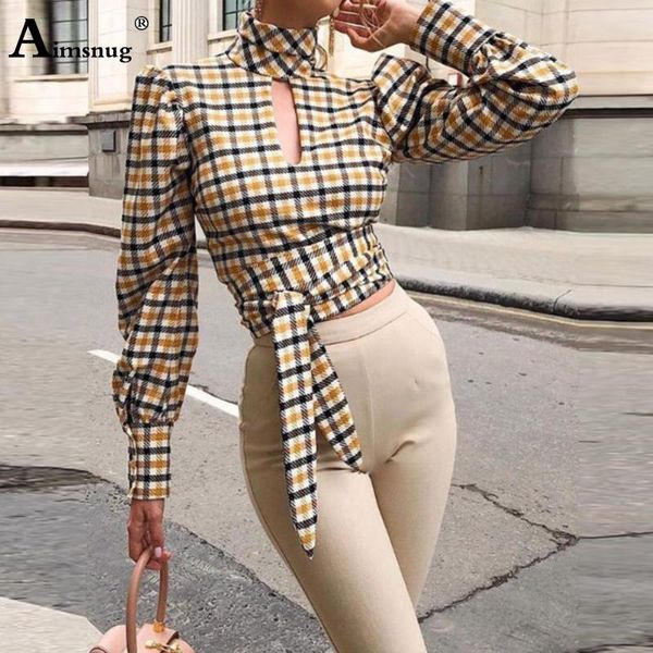 

women's blouses & shirts multicolor 2021 summer autumn blouse long sleeve stand neck backless elegant ladies wind versatile plaid shirt, White