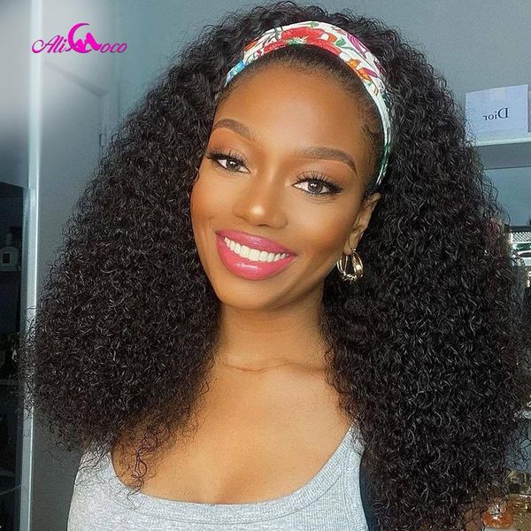 

alicoco headband wig human hair afro kinky curly peruvian remy full machine made for black women natural color lace wigs, Black;brown