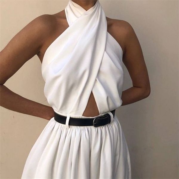 

womens jumpsuit sleeveless halter jumpsuit white backless pants temperament elegant wide leg pants, Black;white
