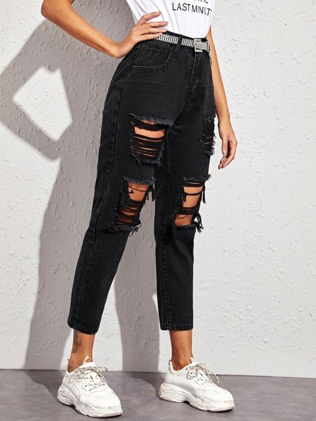 

high waisted distressed ankle-cut boyfriend jeans l1o6#, Blue