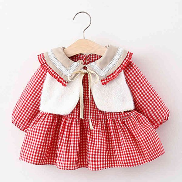 

autumn toddler girls clothes for 1-4 years baby dress winter casual long sleeve plaid white vest 2pcs 210515, Red;yellow