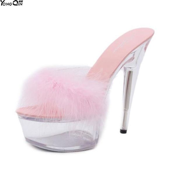 

high-heeled sandals 2021 european open toe crystal shoes plush decoration nightclub, Black