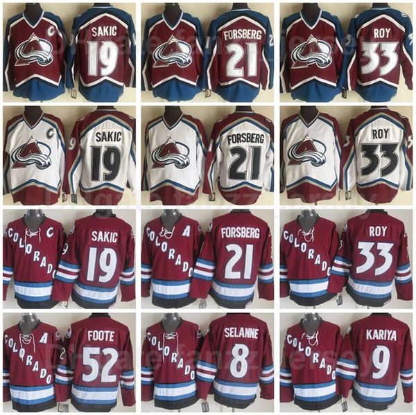 

colorado avalanche retro 33 patrick roy jersey vintage hockey 52 adam foote 21 peter forsberg 19 joe sakic 8 teemu selanne paul kariya, Black;red