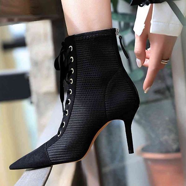 

boots fashion female pointed toe shoes lace zip thin high heels ankle women party boots, Black