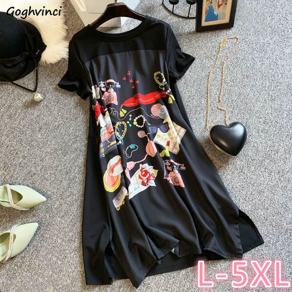 

short sleeve dress women summer printed black knee length plus size 5xl loose korean fashion leisure chic womens harajuku ins bf, Black;gray