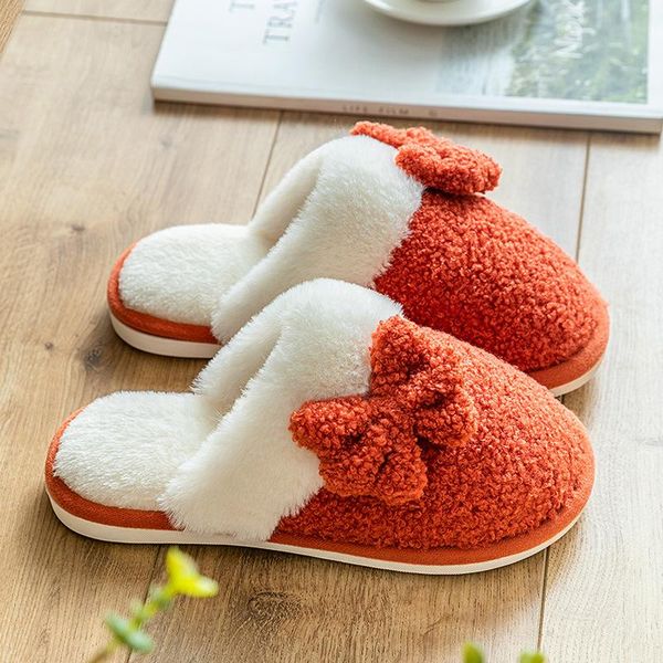 

cute warm fur slippers women winter bow-knot indoor floor furry house soft non-slip cotton lovers plush shoes vt1524, Black