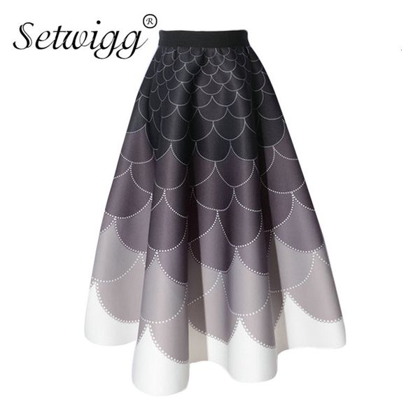 

skirts retro y thick calf skater skirts waist zipper gradient multi-colored fish scales print a-line long skirt, Black