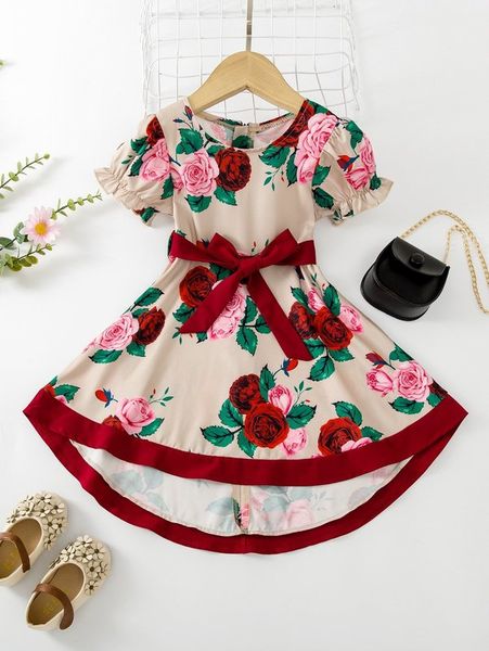 

toddler girls floral print puff sleeve high low hem belted dress she, Red;yellow