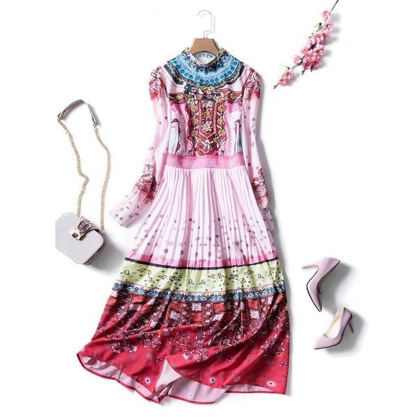 

runway dresses europe and the united states latest show high-quality long-sleeved stand collar retro pleated dress yv9w, Black