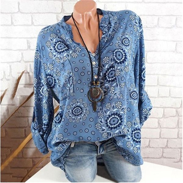 

new european and american women's printed long sleeve v-neck shirt, White