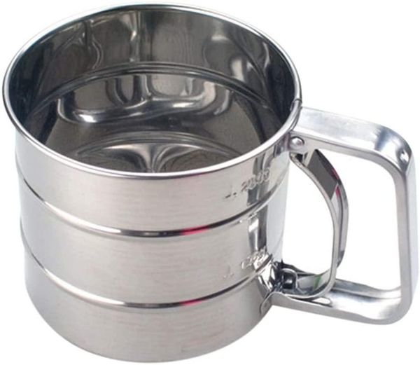 

flour sifter, stainless steel handheld shaker sieve cup mesh crank kitchen baking sifter with measuring scale & pastry tools