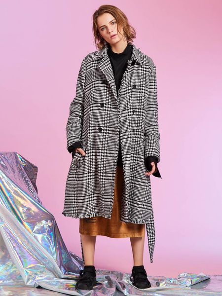 

women's trench coats lapel double-breasted plaid overcoat, Tan;black