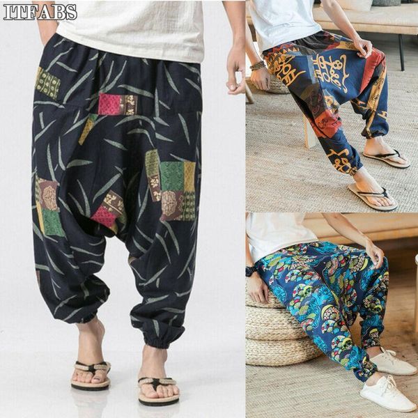 

men's harem pants wide loose leg yoga casual baggy hippie trouser male printed long1, Black