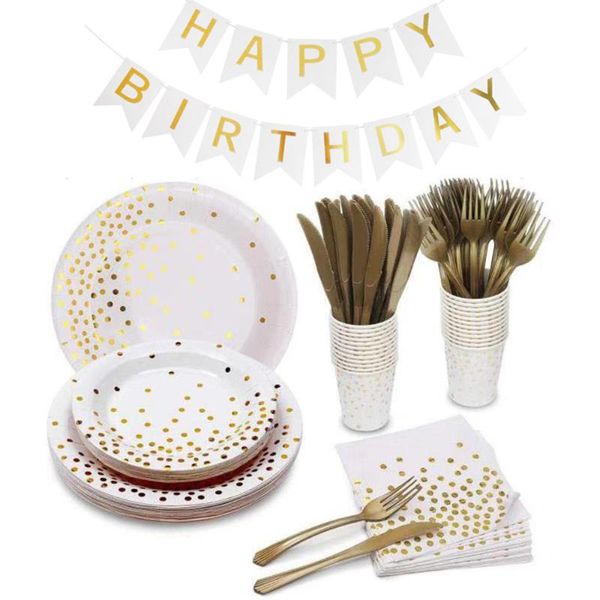 

disposable dinnerware tableware bronzing white birthday get together party outdoor picnic paper cup tray towel straw decoration