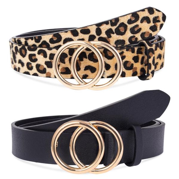 

belts ladies double-ring buckle belt fashion metal button pin leather casual all-match jeans thin women's, Black;brown