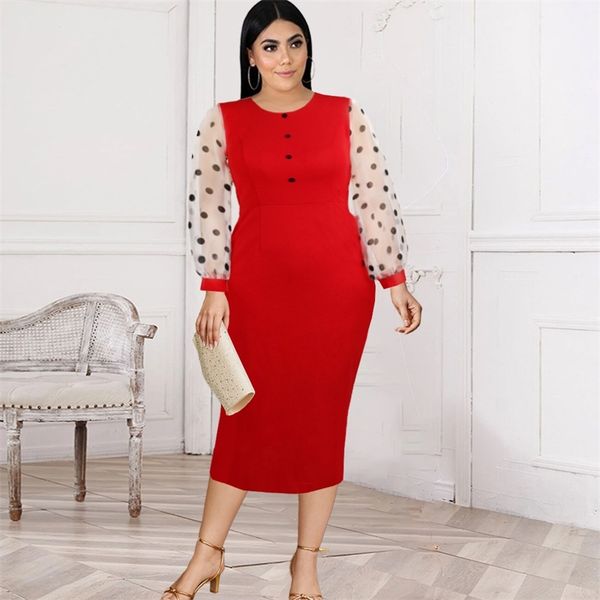 Vestito aderente Rosso O Collo Abiti da ufficio a pois color block Plus Size 2XL Abiti da sera da sera Drop Summer 210527