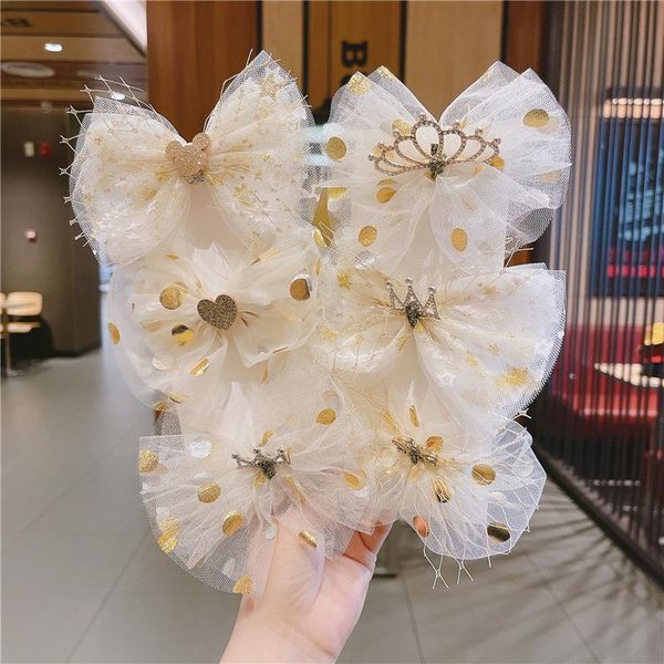 

hair accessories children girl chiffon lace crown bowknot hairpin golden dots clip fashion kids baby princess barrettes ornament, Slivery;white