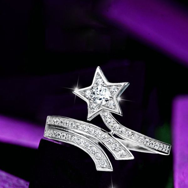 

t107 925 sterling silver comet micro inlaid cluster rings with full diamond personalized movable index finger female fashion european and am, Golden;silver