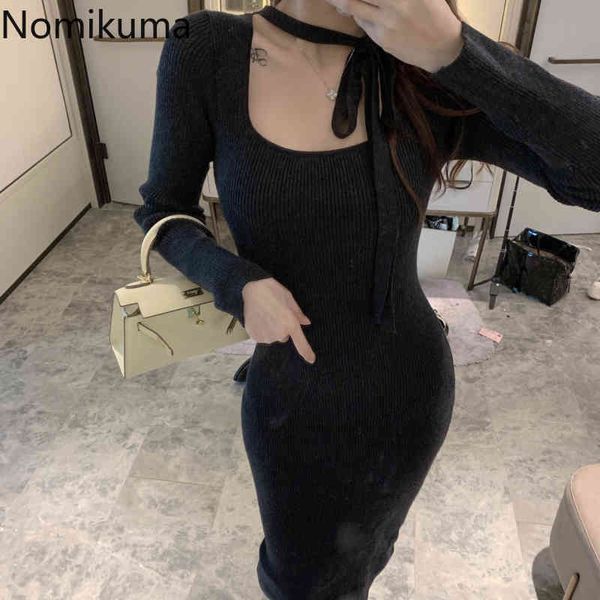 Nomikuma Koreanische Quadrat Kragen Sexy Dünne Gestrickte Kleider Halter Lace Up Langarm Frauen Pullover Vestidos Neue Strickkleid 6C848 210427