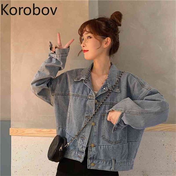 

korobov turn down collar long sleeve single breast denim jacket pocket design korean ins slim casaco feminino spring new 210430, Black;brown