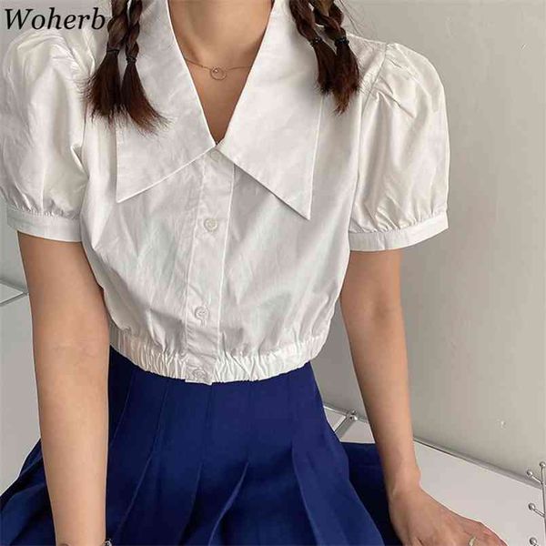 

women blouses korean fashion turn down collar puff sleeve shirts simple elegant blusas mujer summer chic white crop 210519