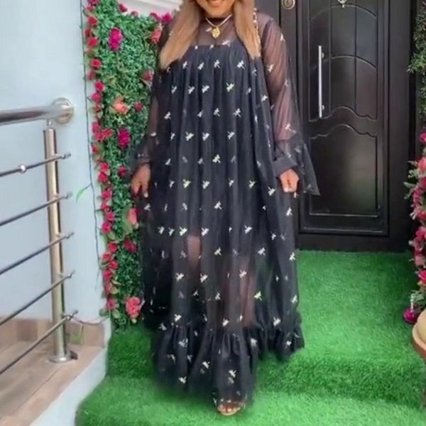 

casual dresses europe america african women's dress fashion net yarn perspective embroidered round neck long sleeve solid color two-pie, Black;gray