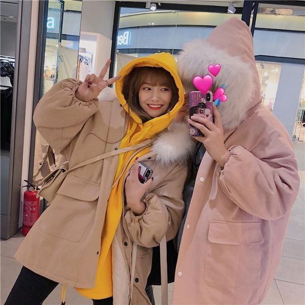 

women's down & parkas luck a medium-long style women thicker with fur hooded womens korean sweet wide-waisted warm winter students cott, Black